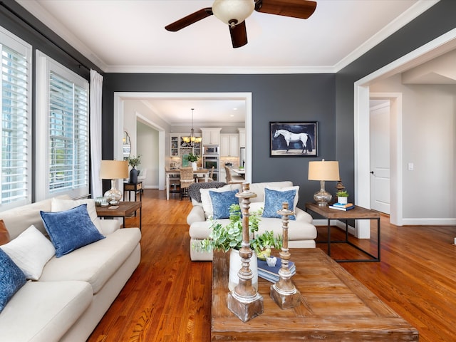 living room with hardwood / wood-style floors, ornamental molding, and a wealth of natural light