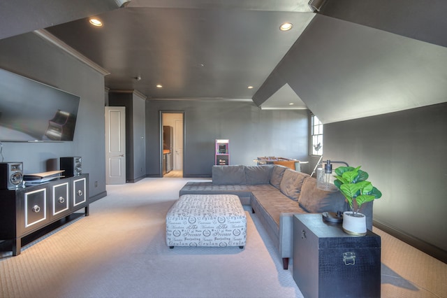 living room with crown molding and carpet floors