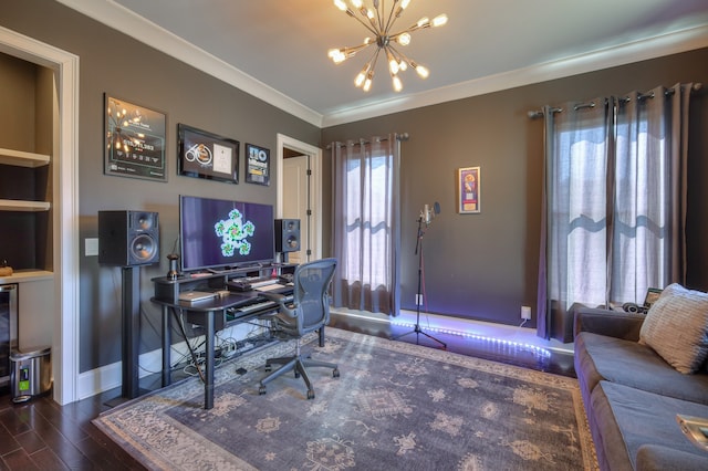 office area featuring built in features, dark hardwood / wood-style flooring, a notable chandelier, and ornamental molding