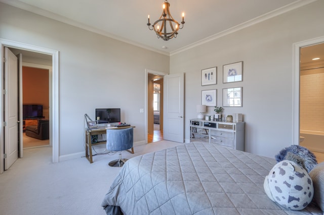 carpeted bedroom with a notable chandelier and ornamental molding