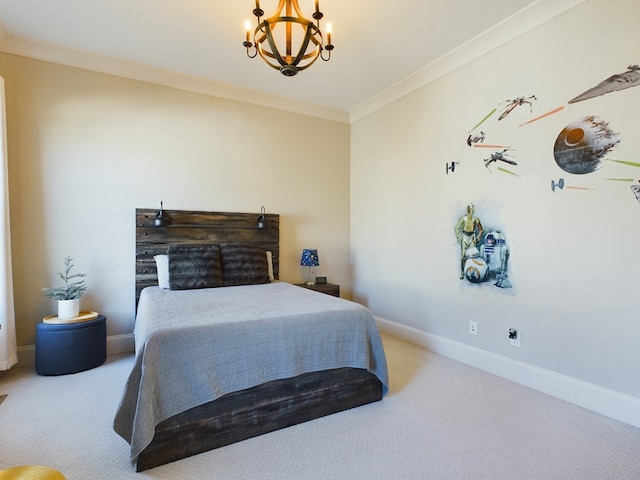 bedroom featuring ornamental molding, carpet flooring, and an inviting chandelier