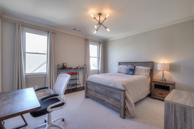 carpeted bedroom with crown molding, multiple windows, and a chandelier