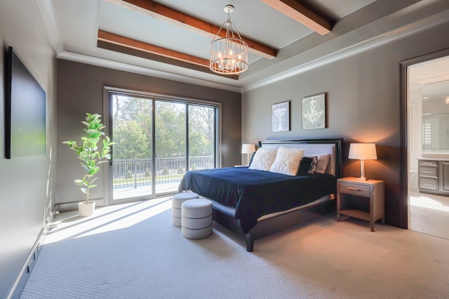 carpeted bedroom with ensuite bathroom, a chandelier, beamed ceiling, access to exterior, and ornamental molding