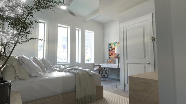 bedroom featuring hardwood / wood-style floors and beamed ceiling