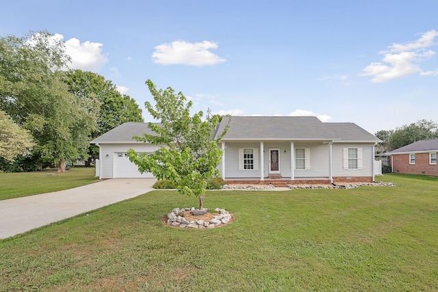 ranch-style house with a garage, a front yard, and a porch