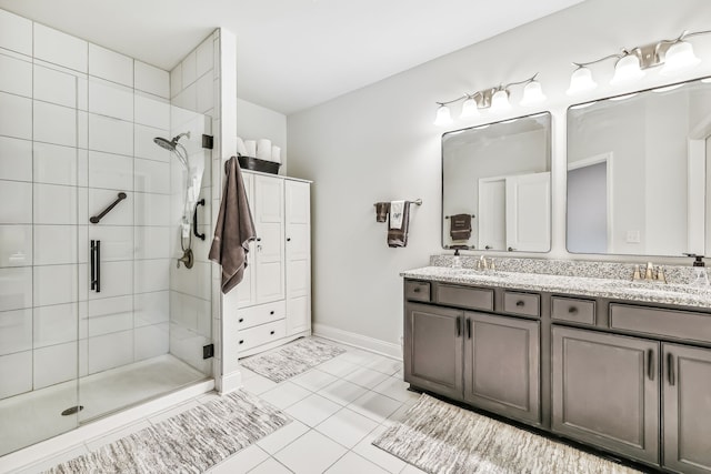 bathroom featuring vanity, tile patterned floors, and an enclosed shower