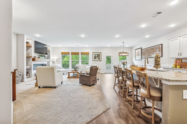 living room featuring light hardwood / wood-style flooring and sink