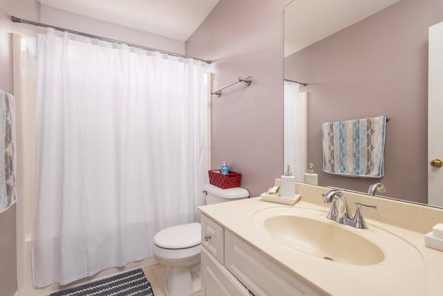 full bathroom with tile patterned flooring, toilet, lofted ceiling, shower / tub combo, and vanity