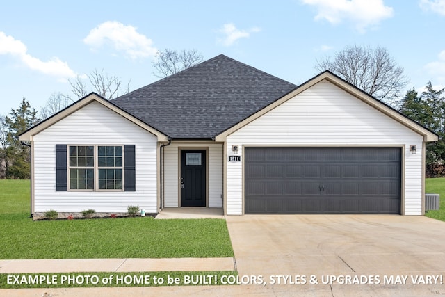 single story home featuring cooling unit, a garage, and a front lawn