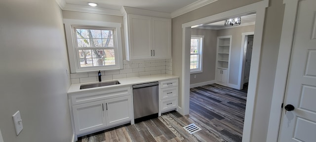 kitchen featuring white cabinets, dark hardwood / wood-style floors, tasteful backsplash, and stainless steel dishwasher