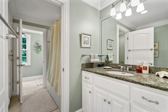 bathroom featuring crown molding, vanity, walk in shower, and tile patterned flooring