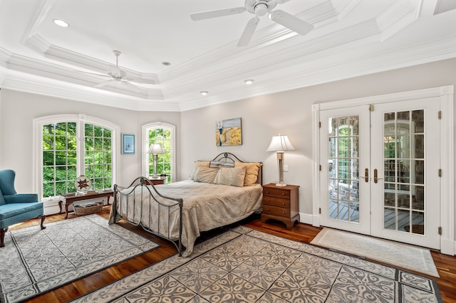 bedroom with crown molding, french doors, dark hardwood / wood-style flooring, access to exterior, and ceiling fan