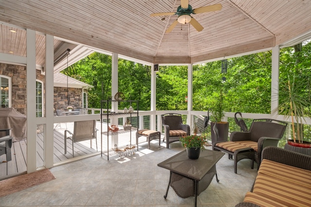 sunroom with wood ceiling, plenty of natural light, ceiling fan, and vaulted ceiling