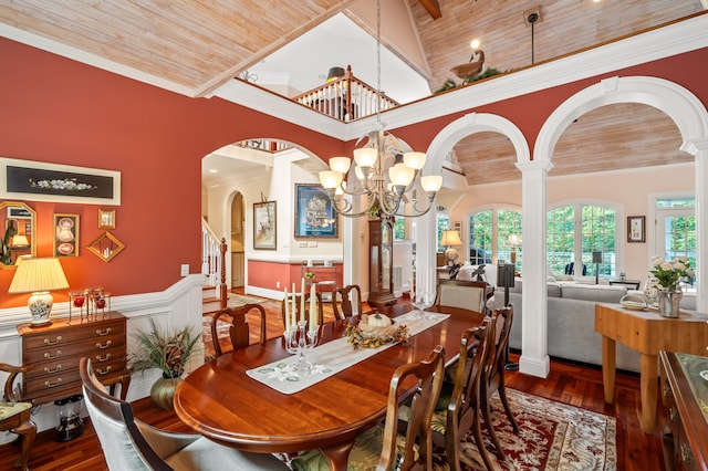 dining space featuring wooden ceiling, ornamental molding, decorative columns, and dark hardwood / wood-style floors