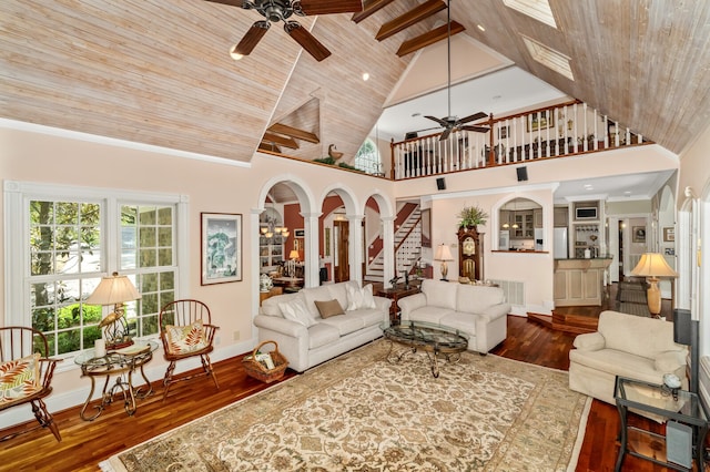 living room featuring ceiling fan, wooden ceiling, high vaulted ceiling, and hardwood / wood-style flooring