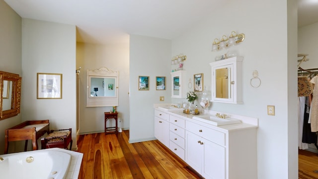 bathroom featuring vanity, wood-type flooring, and a tub