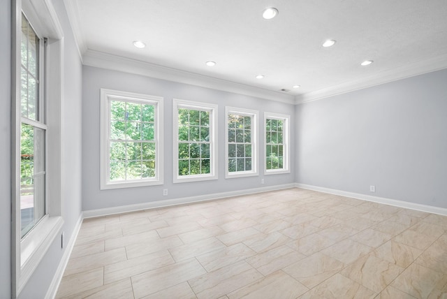 unfurnished room featuring baseboards, ornamental molding, and recessed lighting