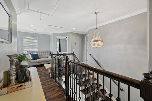 hall with crown molding and dark wood-type flooring