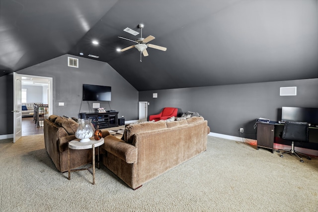 carpeted living room with lofted ceiling and ceiling fan