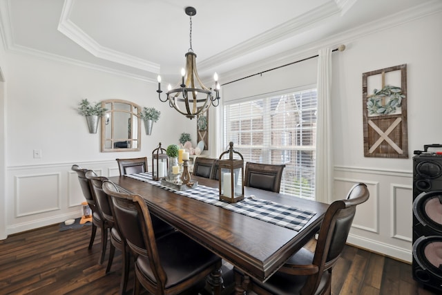 dining room featuring ornamental molding, dark wood-type flooring, a notable chandelier, and a raised ceiling