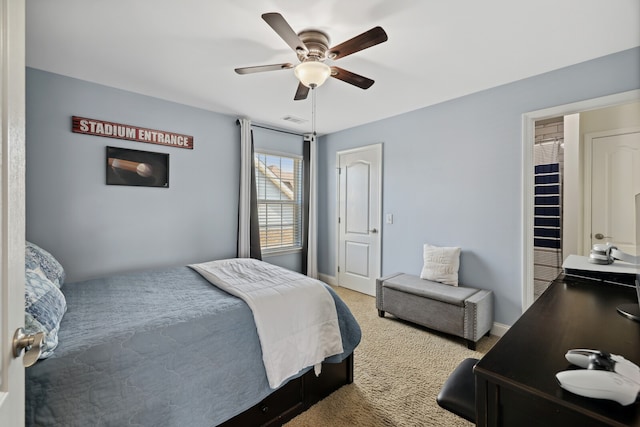 carpeted bedroom with ceiling fan