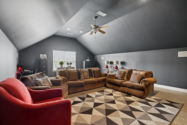 carpeted living room featuring ceiling fan and vaulted ceiling