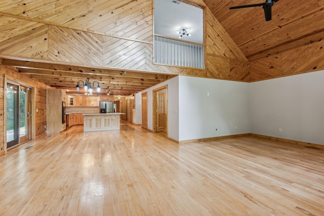 unfurnished living room featuring light wood-style floors, high vaulted ceiling, and a ceiling fan