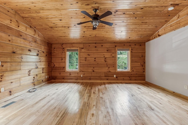 empty room with lofted ceiling, a wealth of natural light, wood ceiling, and wood finished floors