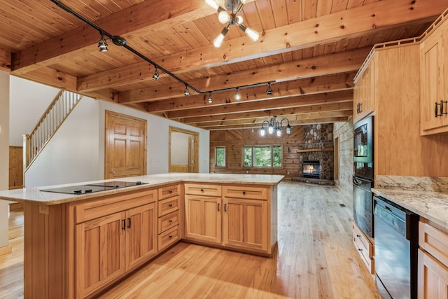 kitchen with light wood-style floors, wood ceiling, open floor plan, black appliances, and beam ceiling