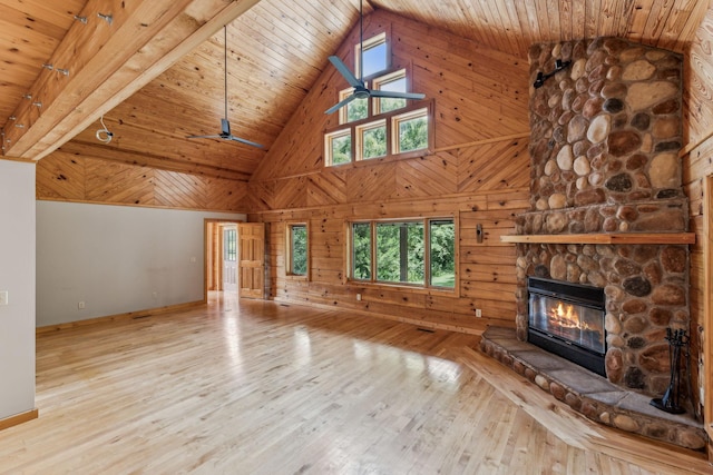 unfurnished living room featuring a ceiling fan, wood-type flooring, wooden ceiling, and a fireplace