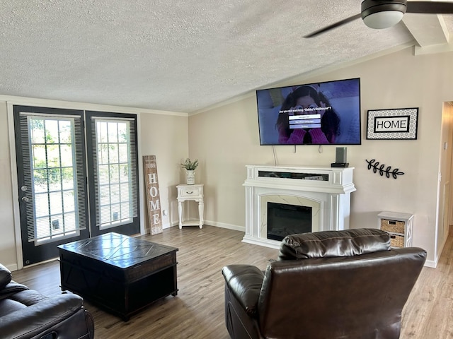 living area featuring baseboards, a premium fireplace, wood finished floors, vaulted ceiling, and a textured ceiling