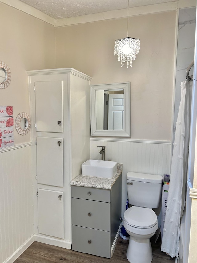 full bathroom with a chandelier, toilet, a wainscoted wall, wood finished floors, and vanity