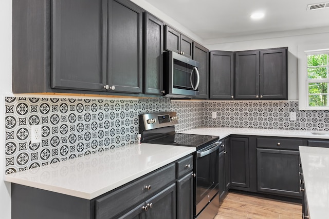 kitchen featuring light hardwood / wood-style flooring, stainless steel appliances, and tasteful backsplash