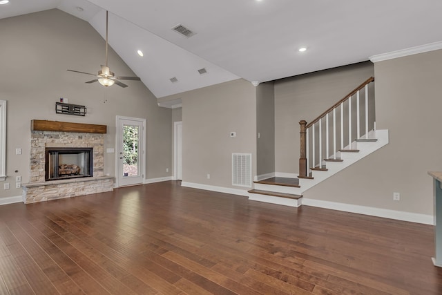 unfurnished living room featuring high vaulted ceiling, ceiling fan, a fireplace, and dark hardwood / wood-style flooring