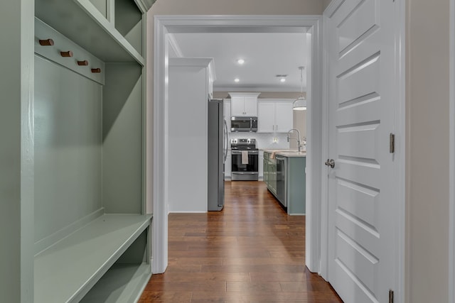 mudroom featuring ornamental molding, dark hardwood / wood-style flooring, and sink