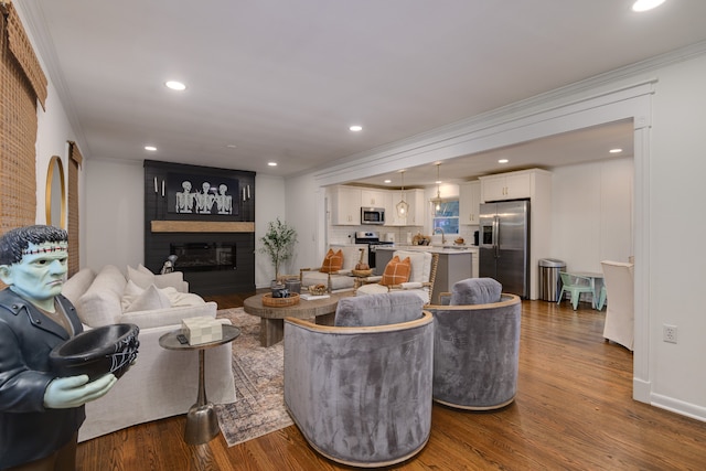 living room featuring a fireplace, dark wood-type flooring, ornamental molding, and sink