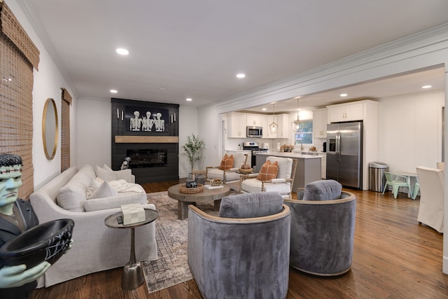 living room featuring dark wood-type flooring, a fireplace, crown molding, and sink