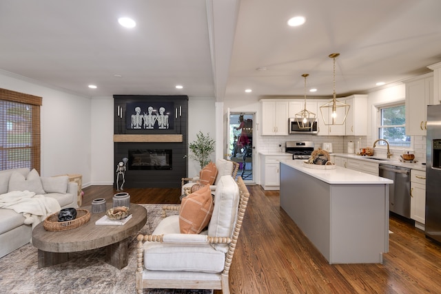 living room featuring a fireplace, dark wood-type flooring, ornamental molding, and sink