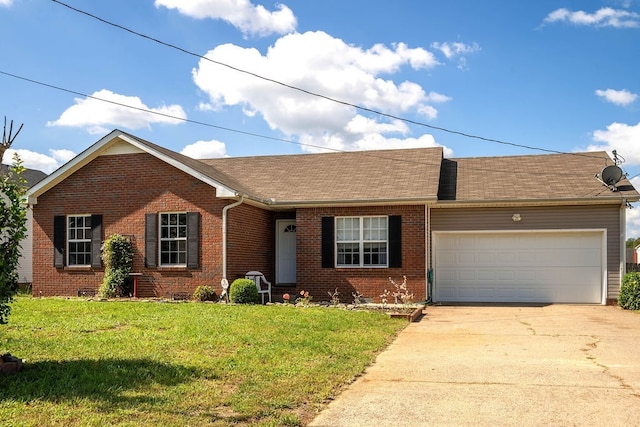 single story home with a front yard and a garage