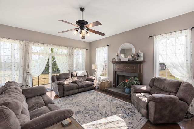 4584 S Mill Ln, Cross Plains, TN 37049 - living room with ceiling fan, wood finished floors, and a lit fireplace