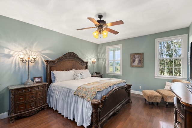 bedroom featuring ceiling fan and dark hardwood / wood-style flooring