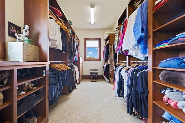 walk in closet featuring light colored carpet