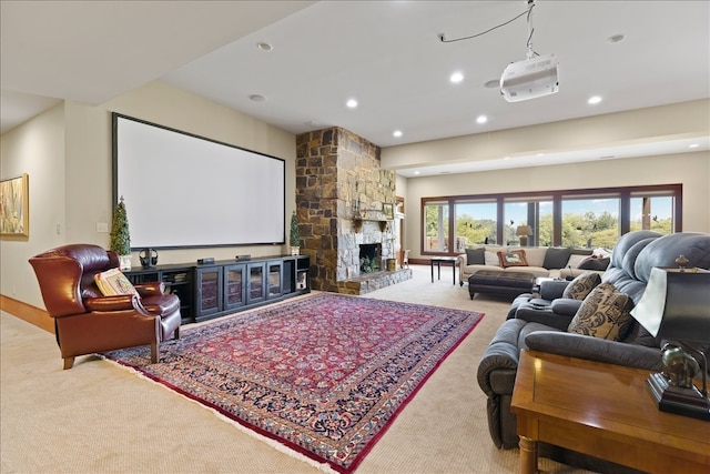 living room featuring a fireplace and carpet