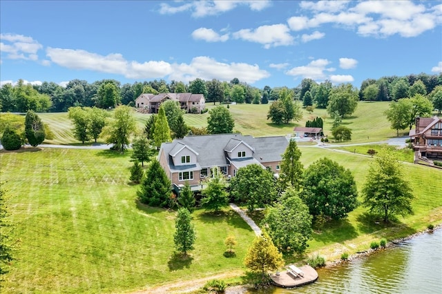 bird's eye view featuring a rural view and a water view