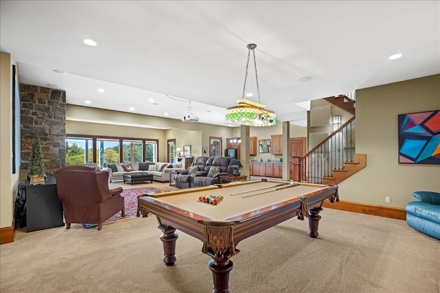 playroom with pool table and carpet