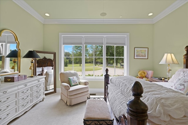 bedroom with light carpet and ornamental molding