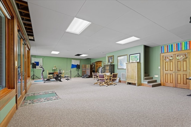 workout area with carpet floors