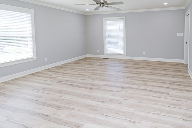 unfurnished room featuring crown molding, ceiling fan, and light hardwood / wood-style floors