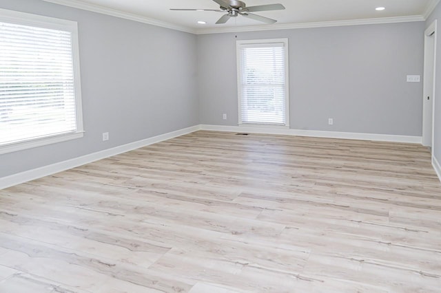 unfurnished room featuring recessed lighting, ceiling fan, crown molding, and baseboards