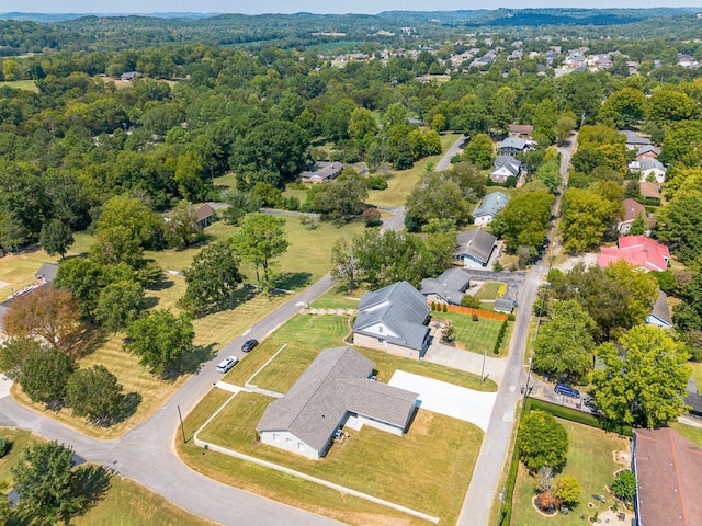 bird's eye view featuring a residential view and a forest view